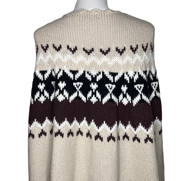 Moda Intl Wool Blend Fair Isle Poncho Shawl Wrap Fringes Size S Beige Black Boho - Picture 7 of 15